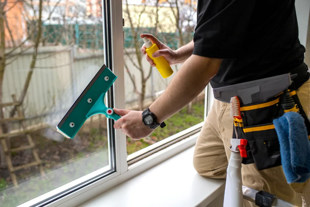Streak-free crystal clear commercial windows cleaned with professional squeegees
