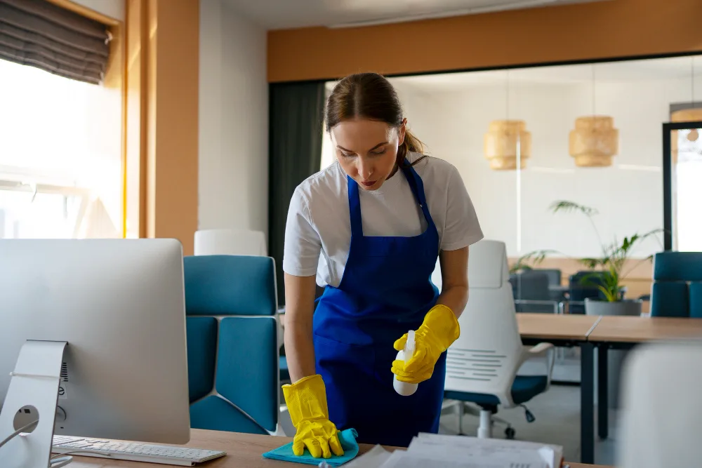 Professional cleaners maintaining clean and modern corporate office in Melbourne