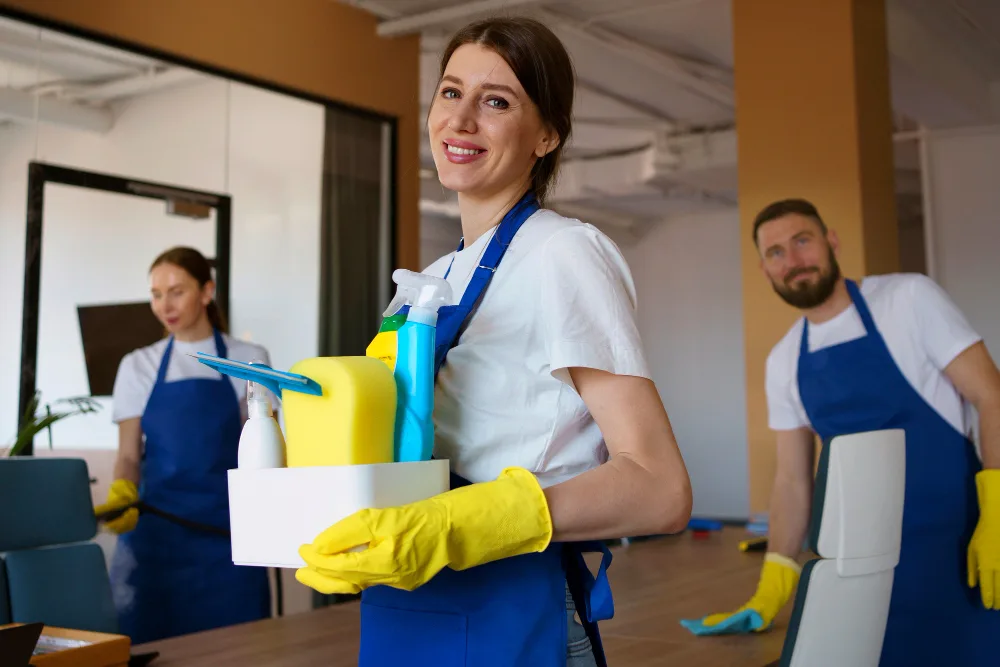 Professional cleaners maintaining clean and modern corporate office in Melbourne