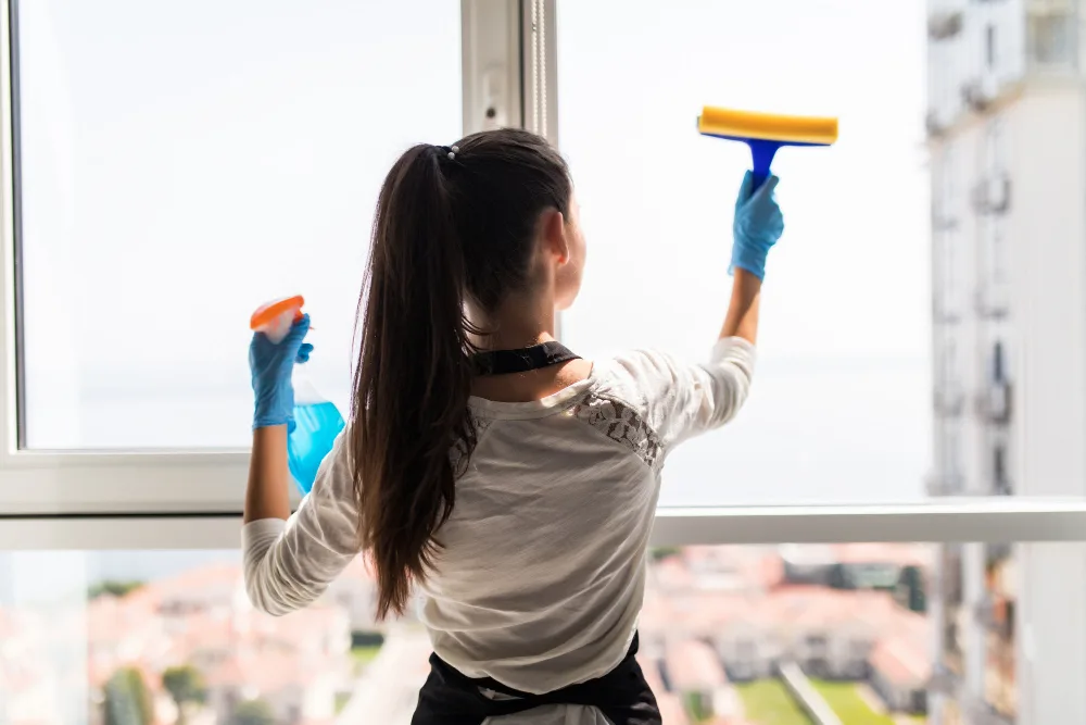 Streak-free crystal clear commercial windows cleaned with professional squeegees